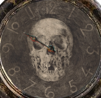 An old, seemingly burned brass clock. Its face has a faded skull behind it and hand-written numbers. There is only a single hand on it that seems warped between the colors red and blue. The hand points to the number 10.